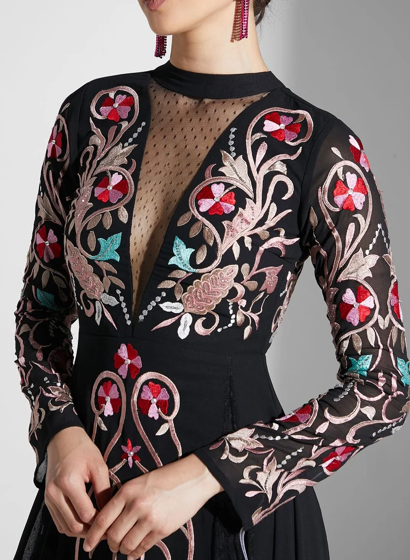 Frock and Frill Mesh Detail Printed Dress