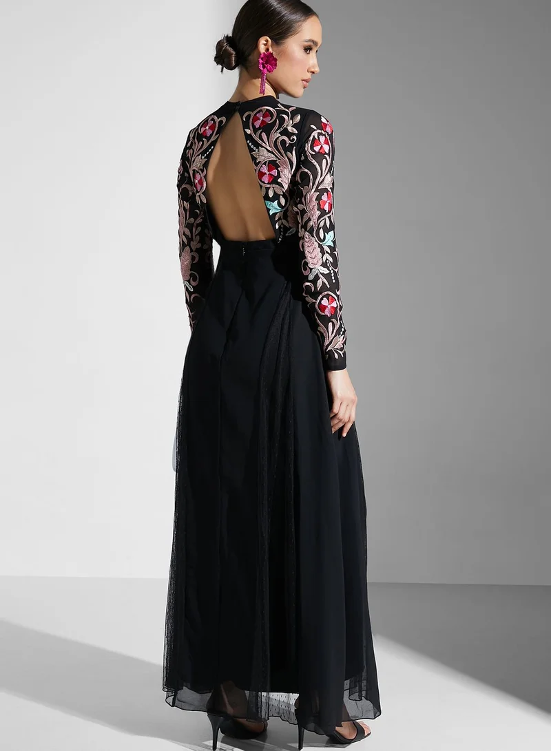 Frock and Frill Mesh Detail Printed Dress