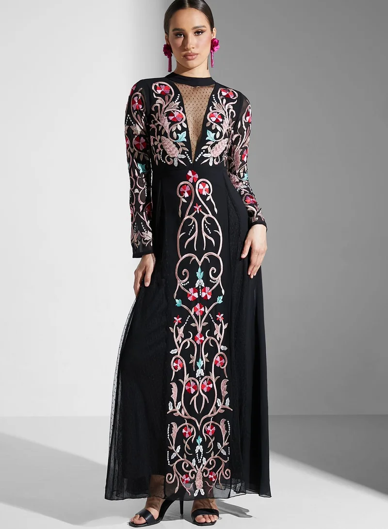 Frock and Frill Mesh Detail Printed Dress
