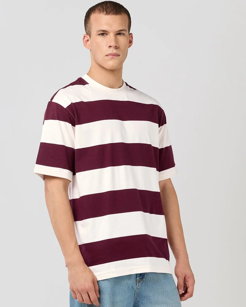 bewakoof Men's Wine Maroon & White Striped Oversized T-shirt