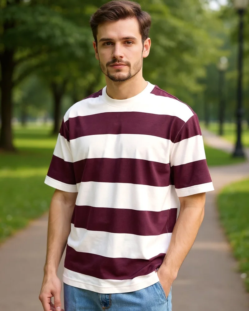 bewakoof Men's Wine Maroon & White Striped Oversized T-shirt