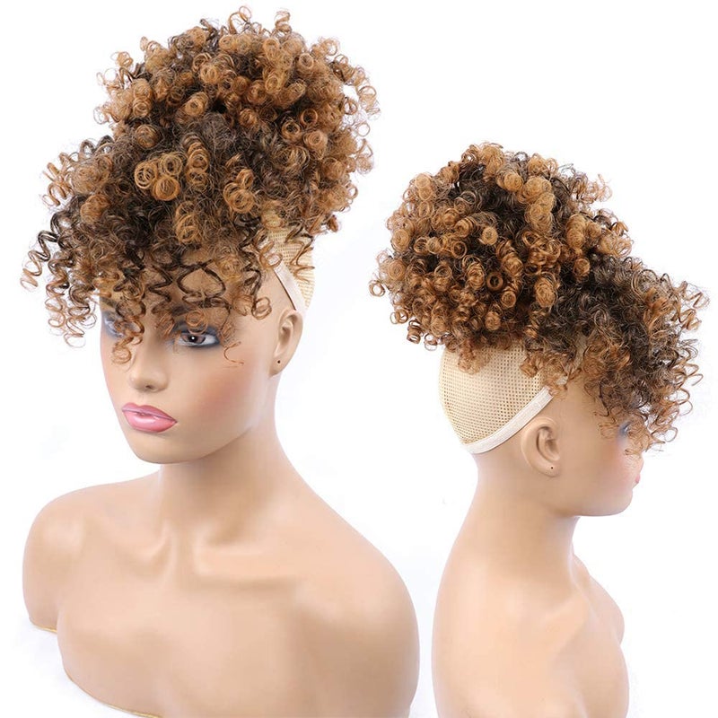 ENTRANCED STYLES Afro Puff Drawstring Ponytail for Black Women, Short Curly Puff Ponytail with Bangs Clip in Wrap Updo Hairpiece for Women(#T30) - Image 4