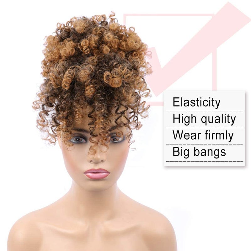 ENTRANCED STYLES Afro Puff Drawstring Ponytail for Black Women, Short Curly Puff Ponytail with Bangs Clip in Wrap Updo Hairpiece for Women(#T30) - Image 2