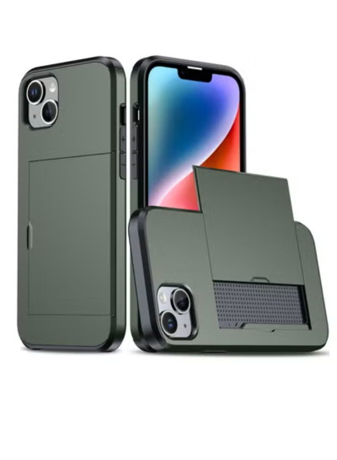 GULFLINK iPhone 15 Case with Card Holder Heavy Duty Protective Dual Layer Shockproof Hidden Card Slot Wallet Case Green - Image 1