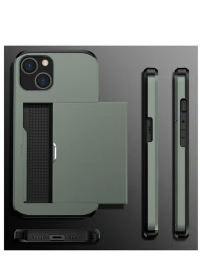 GULFLINK iPhone 15 Case with Card Holder Heavy Duty Protective Dual Layer Shockproof Hidden Card Slot Wallet Case Green - Image 2
