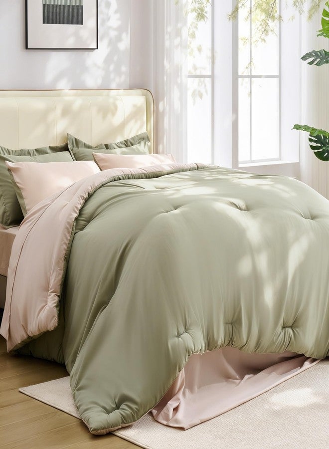 BDEUS 7 Pieces Comforter Set Queen Size, Reversible Oatmeal & Sage Green Bedding Set, Soft Brushed Microfiber Comforter with Flat Sheet, Fitted Sheet, Pillowcases & Shams, 88"X88" - Image 1