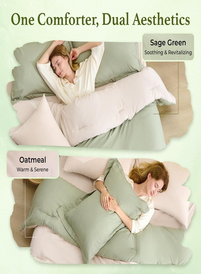 BDEUS 7 Pieces Comforter Set Queen Size, Reversible Oatmeal & Sage Green Bedding Set, Soft Brushed Microfiber Comforter with Flat Sheet, Fitted Sheet, Pillowcases & Shams, 88"X88" - Image 2