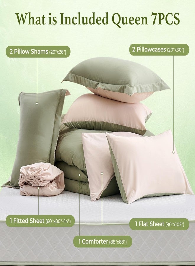 BDEUS 7 Pieces Comforter Set Queen Size, Reversible Oatmeal & Sage Green Bedding Set, Soft Brushed Microfiber Comforter with Flat Sheet, Fitted Sheet, Pillowcases & Shams, 88"X88" - Image 3