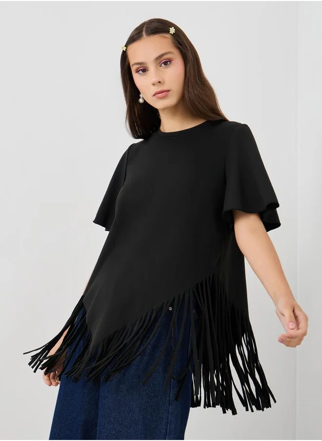 تايك تو Take Two Solid Tassel Hem Round Neck Top