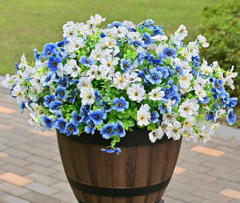 LADADA 6 Bundles Artificial Fake Flowers，Fake Blue Silk Daisy with Eucalyptus for Planter Pot UV Resistant Realistic for Outside Porch Home Patio Garden Decoration (White Blue) - Image 1