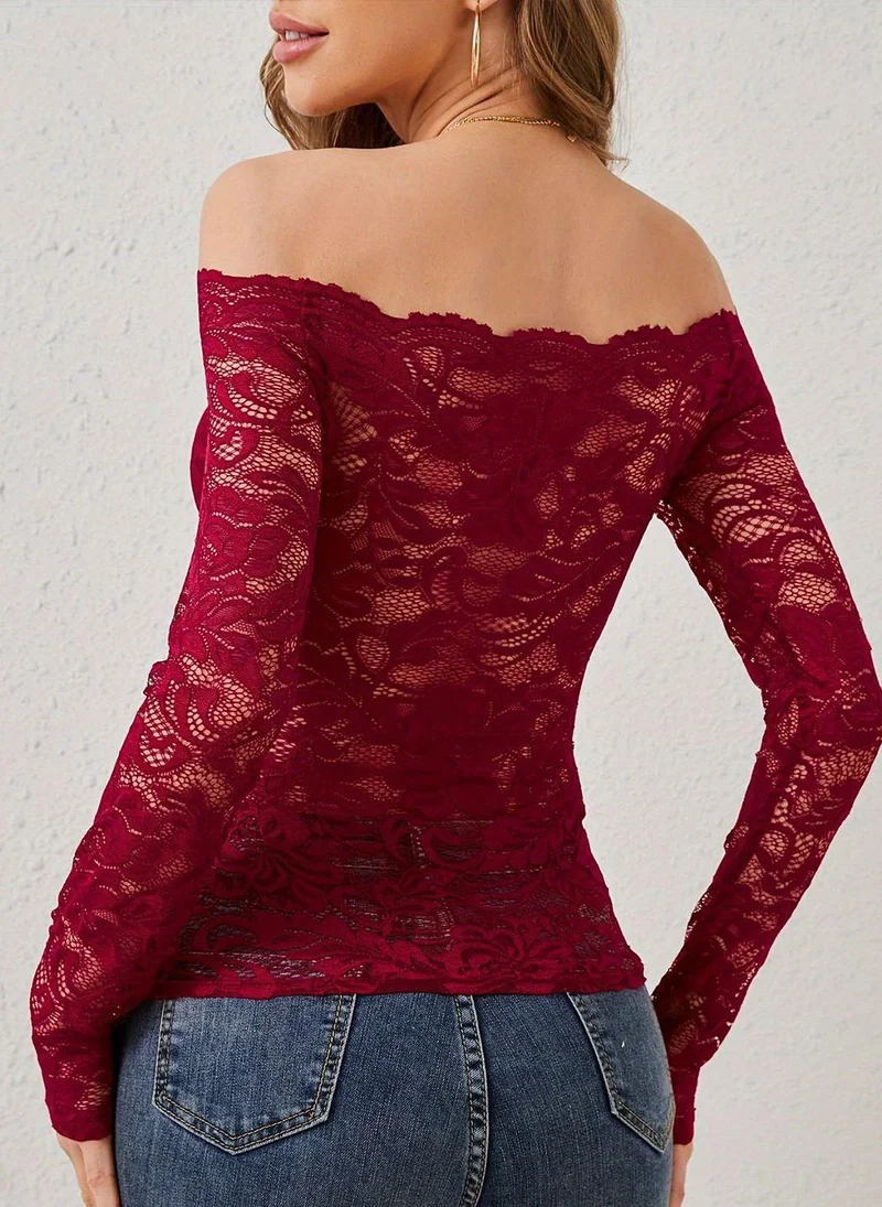 YUNIQEE Maroon Off-Shoulder Long Sleeves Self Design Top