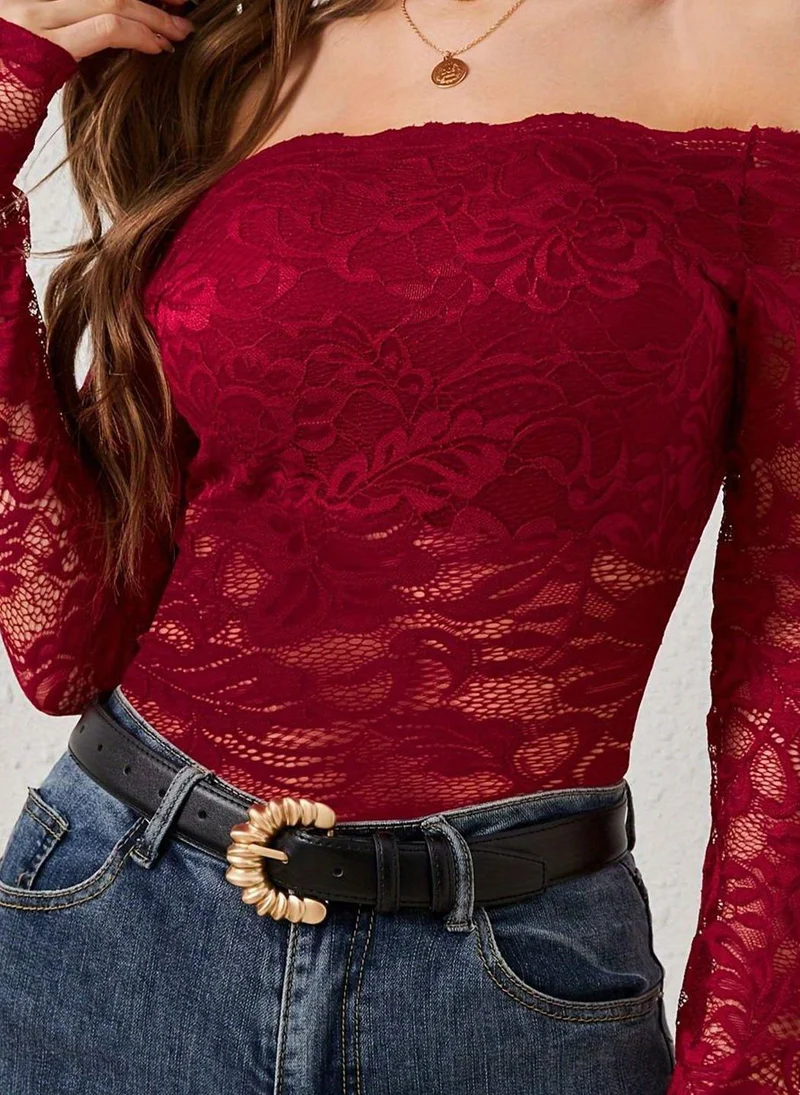 YUNIQEE Maroon Off-Shoulder Long Sleeves Self Design Top