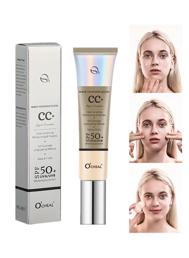 OCHEAL CC+ Color Correcting Cream, Full Coverage Foundation with SPF 50+ Whitening Sunscreen, Color Correcting and Brightening Face Cream, Skin Tone Adjusting Concealer CC Cream, 30g - Image 1