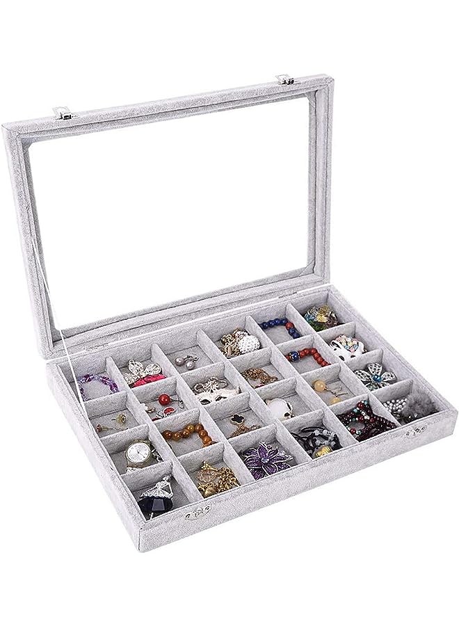DAYONG صندوق منظم، صينية مجوهرات شفافة مكونة من 24 شبكة مع غطاء وقفل، صندوق تخزين لعرض المجوهرات للخاتم، والقرط، والقلادة، والسوار - Image 1