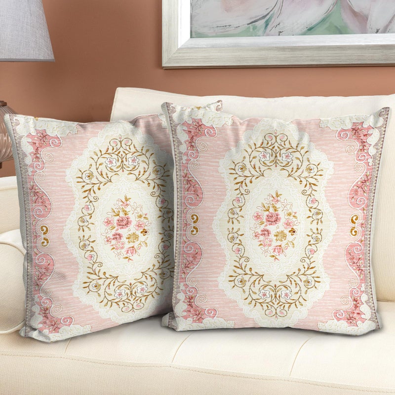 BUAEL Boho Floral Throw Pillow Covers 18x18 inch Set of 2,Pink Boho Rug Geometric Floral Pattern Decor Double Sided Pattern Cushion Cover Soft Pillow Case Living Sofa Room Bed Square Pillow Cover - Image 1