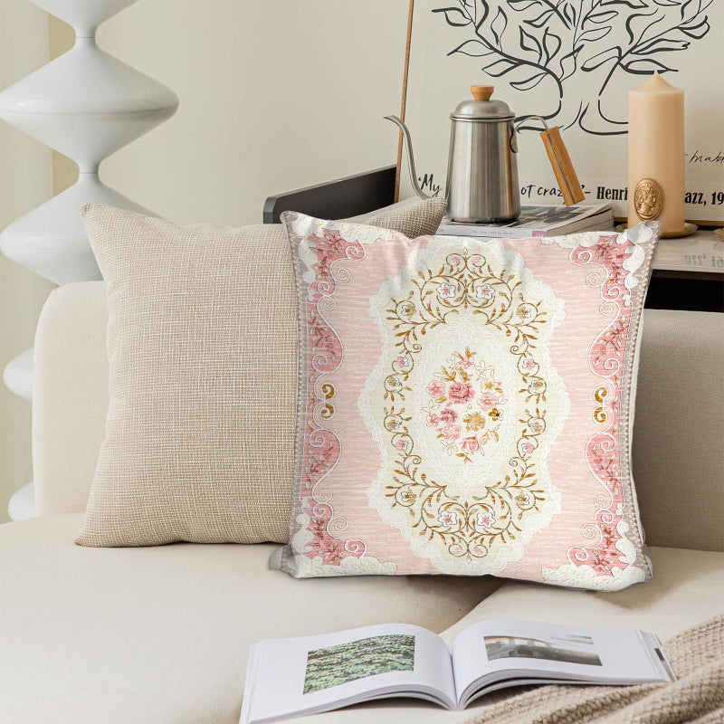 BUAEL Boho Floral Throw Pillow Covers 18x18 inch Set of 2,Pink Boho Rug Geometric Floral Pattern Decor Double Sided Pattern Cushion Cover Soft Pillow Case Living Sofa Room Bed Square Pillow Cover - Image 5