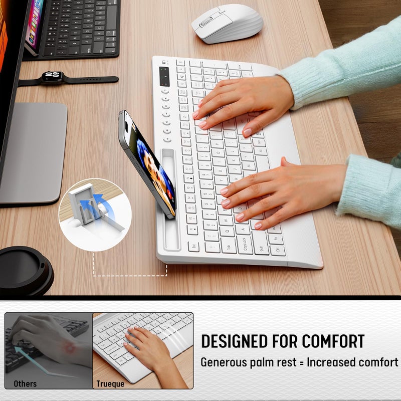 Trueque White Wireless Keyboard and Mouse Combo - Full-Size Quiet Keyboards with Palm Rest, Phone Holder, Multimedia Keys, Batteries Included, Office Key Board Compatible with Windows, PC, Laptop - Trueque - Image 2