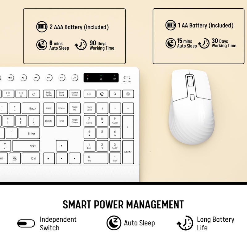 Trueque White Wireless Keyboard and Mouse Combo - Full-Size Quiet Keyboards with Palm Rest, Phone Holder, Multimedia Keys, Batteries Included, Office Key Board Compatible with Windows, PC, Laptop - Trueque - Image 5
