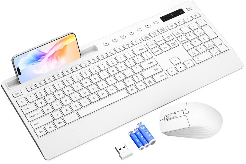 Trueque White Wireless Keyboard and Mouse Combo - Full-Size Quiet Keyboards with Palm Rest, Phone Holder, Multimedia Keys, Batteries Included, Office Key Board Compatible with Windows, PC, Laptop - Trueque - Image 1