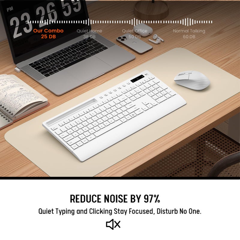 Trueque White Wireless Keyboard and Mouse Combo - Full-Size Quiet Keyboards with Palm Rest, Phone Holder, Multimedia Keys, Batteries Included, Office Key Board Compatible with Windows, PC, Laptop - Trueque - Image 4