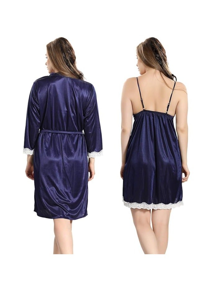 Accessorize Kingdom Women Satin Short Nighty with Lace & Robe  - Image 4