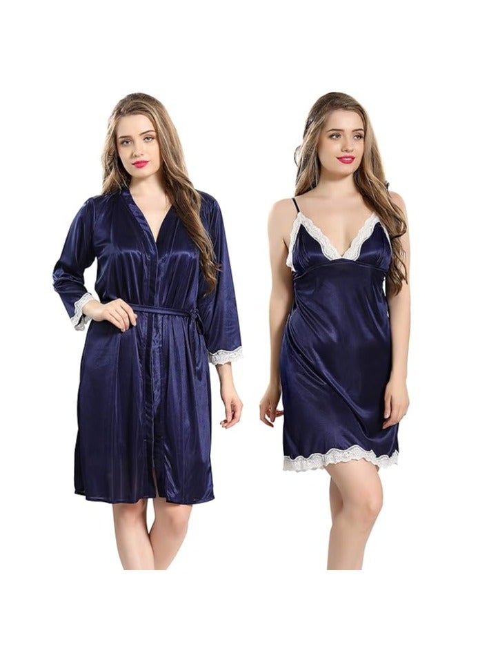 Accessorize Kingdom Women Satin Short Nighty with Lace & Robe  - Image 2