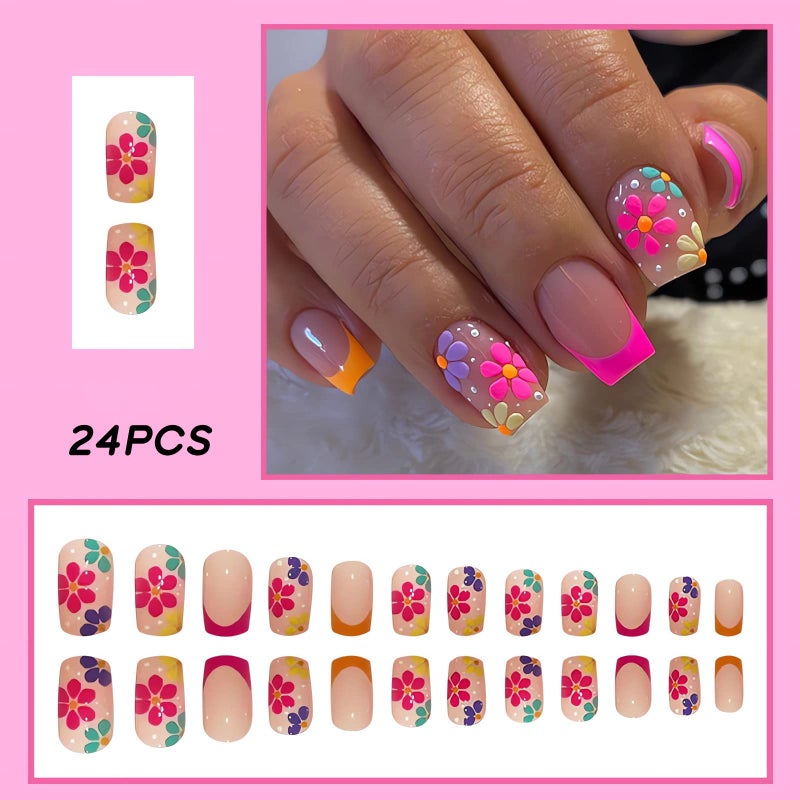 OCOUYVD French Tip Press on Nails Square Short Fake Nails Pink False Nail with Colorful Designs Glossy Acrylic Nails Spring Summer Floral Glue on Nail for Women Art Decorations - Image 2
