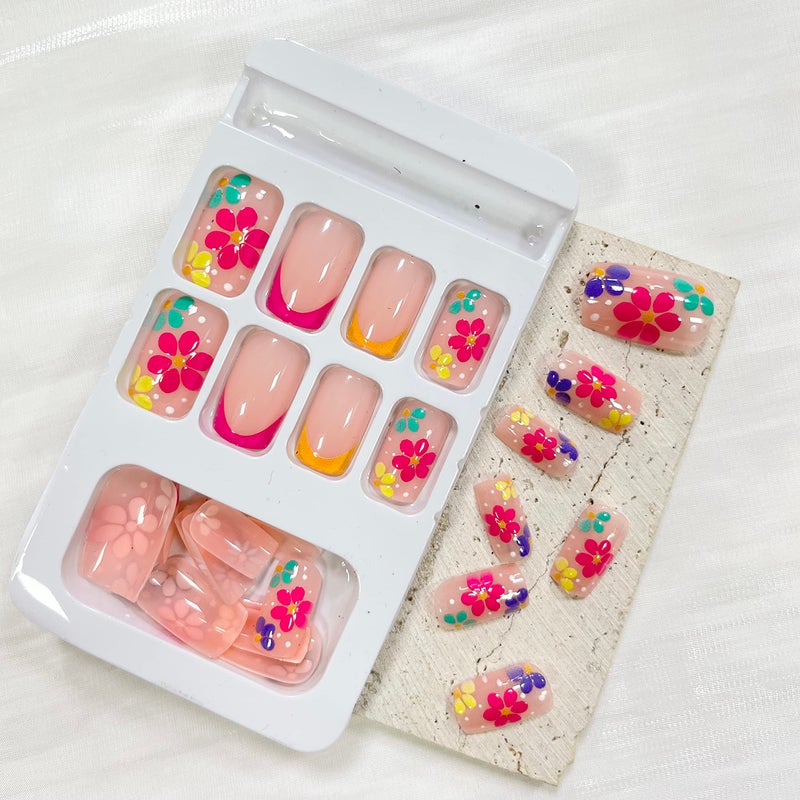 OCOUYVD French Tip Press on Nails Square Short Fake Nails Pink False Nail with Colorful Designs Glossy Acrylic Nails Spring Summer Floral Glue on Nail for Women Art Decorations - Image 5
