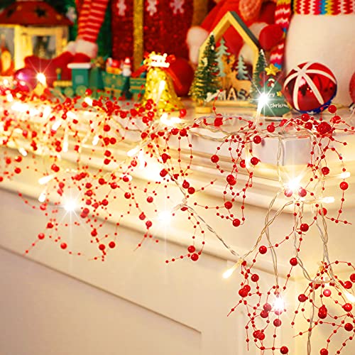 Riakrum Riakrum 165 Feet Winter Berry Beaded Garland String Light Valentines Day Mantle Decor Acrylic Pearl Warm LED Lights Festive Lighted Battery Operated Indoor Garland for Home Party Decor