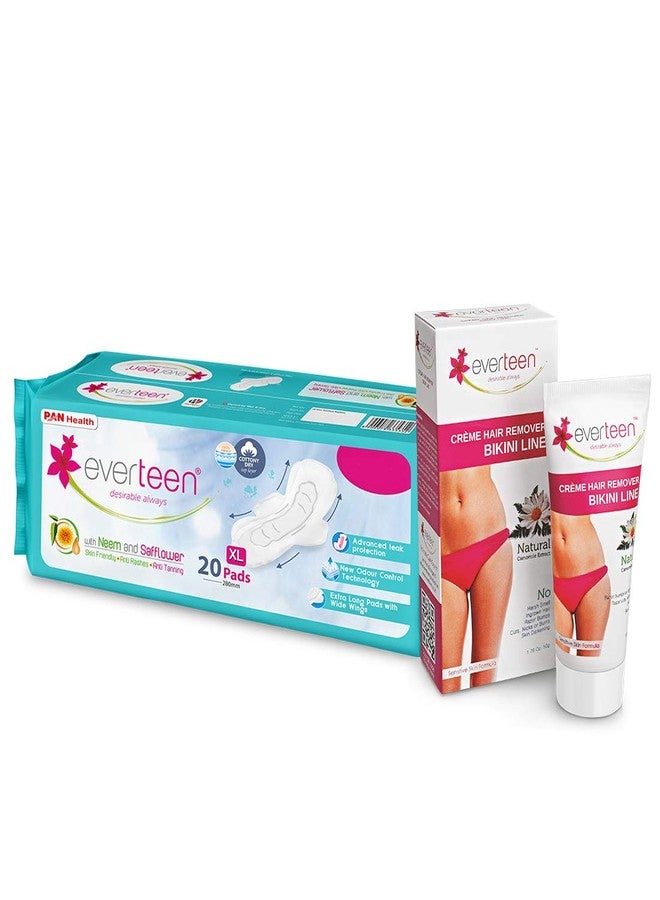 everteen Combo Bikini Line Hair Remover Creme 50g & XL Dry Sanitary Napkin Pads with Neem and Safflower - (20 Pads, 280mm) - Image 1