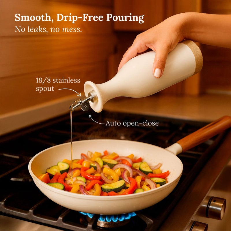 TOMO Ceramic Olive Oil Dispenser Bottle 22oz, Wide Mouth Easy Fill Design, Spill-Free Spout, Large Capacity - Image 3