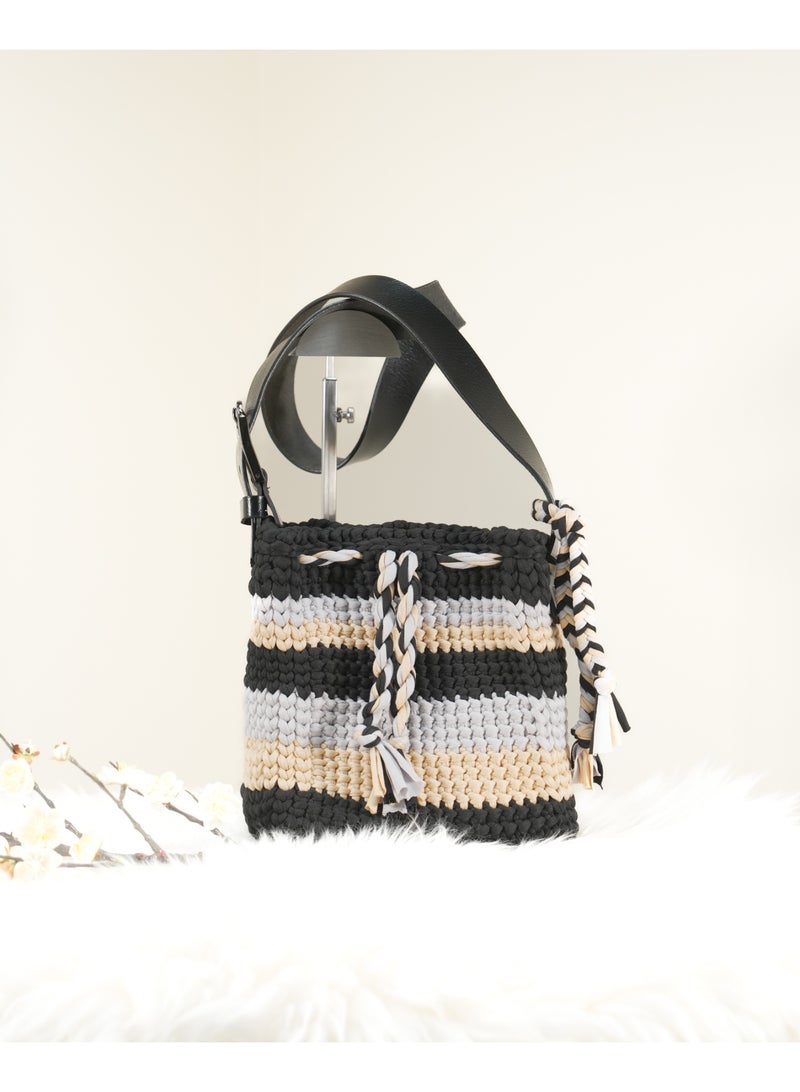 RandSac Striped Crochet Handbag with Braided Tassels and Leather Strap - Image 1