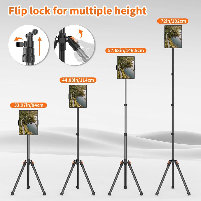 TONEOF 182cm/72" Tablet Floor Tripod Stand, Phone Tripod Stand with 360° Rotatable Ball Head &Travel Bag, Stable Foldable Laptop Mount for Travel/Watching/Vlogging, for iPad/Tablet/Kindle/Phone-Black - Image 2