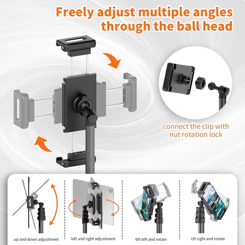 TONEOF 182cm/72" Tablet Floor Tripod Stand, Phone Tripod Stand with 360° Rotatable Ball Head &Travel Bag, Stable Foldable Laptop Mount for Travel/Watching/Vlogging, for iPad/Tablet/Kindle/Phone-Black - Image 4