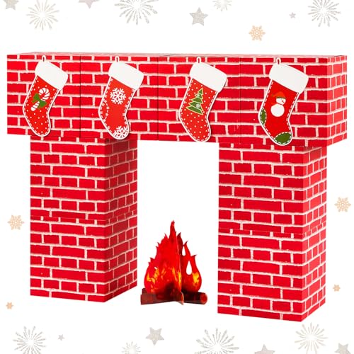 ForraFun 13 Pcs Christmas Cardboard Fireplace Decor Boxes Set 3D Artificial Red Brick Cardboard Fireplace Fake Campfire Christmas Stocking Card Backdrop Photo Prop Stand up for Xmas Party Background - Image 1