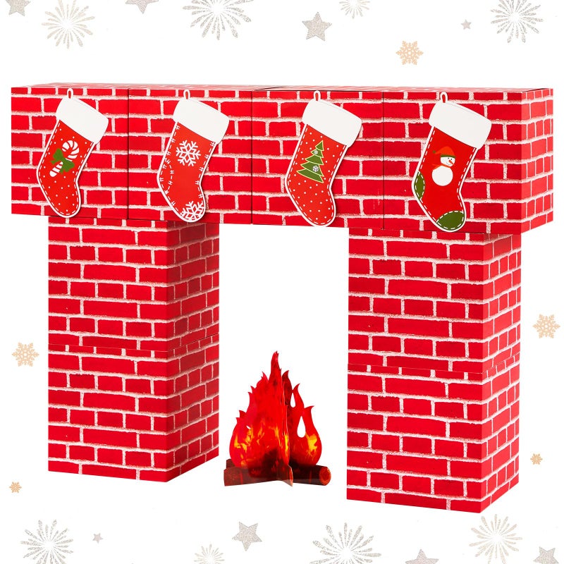 ForraFun 13 Pcs Christmas Cardboard Fireplace Decor Boxes Set 3D Artificial Red Brick Cardboard Fireplace Fake Campfire Christmas Stocking Card Backdrop Photo Prop Stand up for Xmas Party Background - Image 3