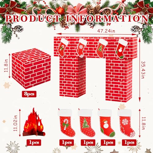 ForraFun 13 Pcs Christmas Cardboard Fireplace Decor Boxes Set 3D Artificial Red Brick Cardboard Fireplace Fake Campfire Christmas Stocking Card Backdrop Photo Prop Stand up for Xmas Party Background - Image 5