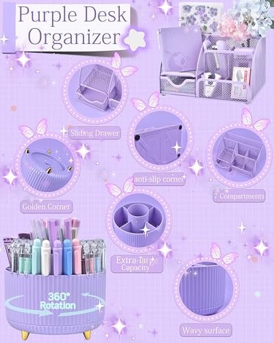 Vamrak Purple Desk Accessories and Organizers with Desk Organizer and 360Rotating Pen Holder stapler Pen and a Lot of Office Purple Office Supplies Beautifully Presented in a Gift Box - Image 3