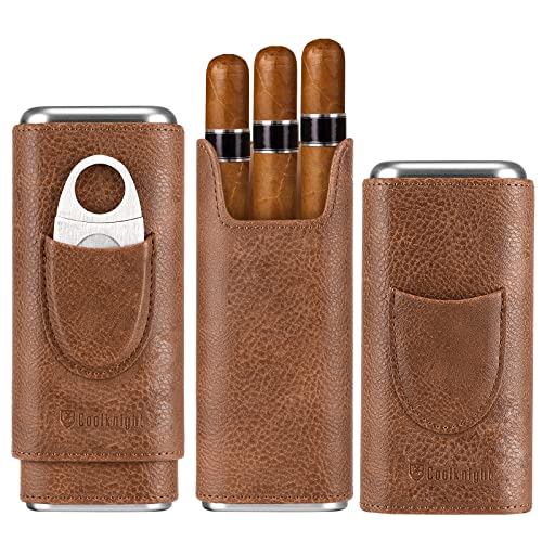 COOL KNIGHT Leather Cigar Case - Cedar Wood Lining Travel Humidors for Cigars - Cigar Accessories Include Stainless Steel Cigar Cutter - Cigar Gift Box for Cigar Lovers (Brown) - Image 1