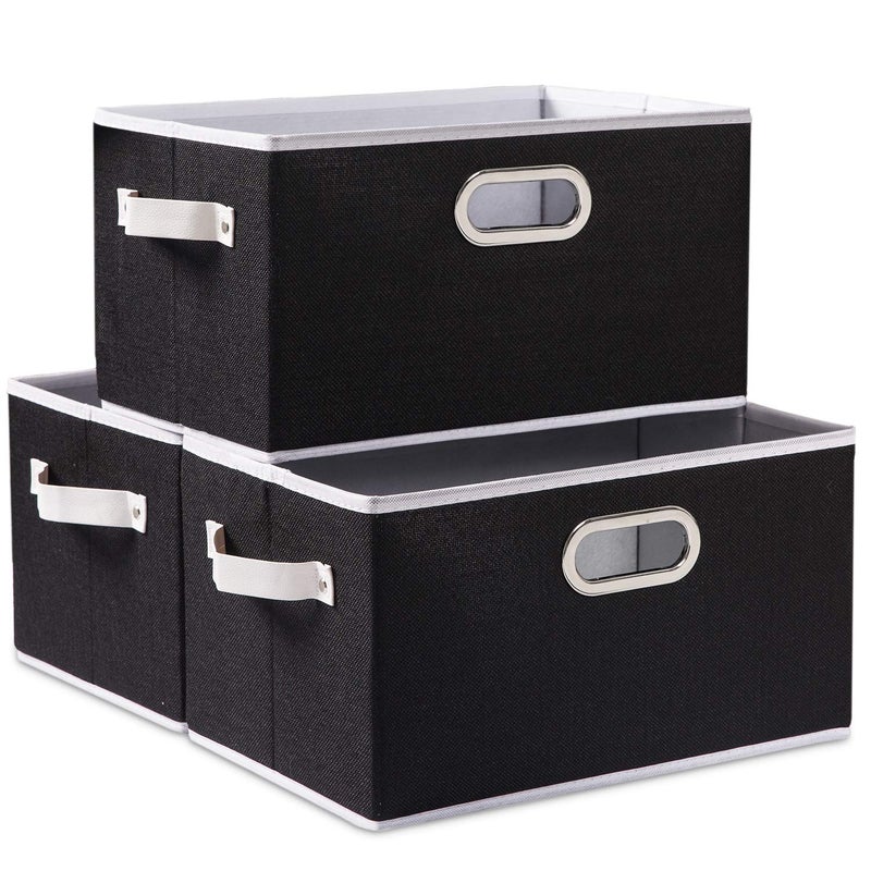 PRANDOM Large Collapsible Storage Bins for Closet 3Pack Decorative Fabric Storage Baskets Cubes with LeatherMetal Handles for Shelves Bedroom Living Room Black 149x98x83 Inch
