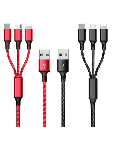 2 pieces)  Charger Cable Nylon Braided 3 in 1 Charging Cable Multi USB Cable Fast Charging Cord with Type-C, Micro USB and IP Port, Compatible with Most iPhones & iPads &Android(red&black)