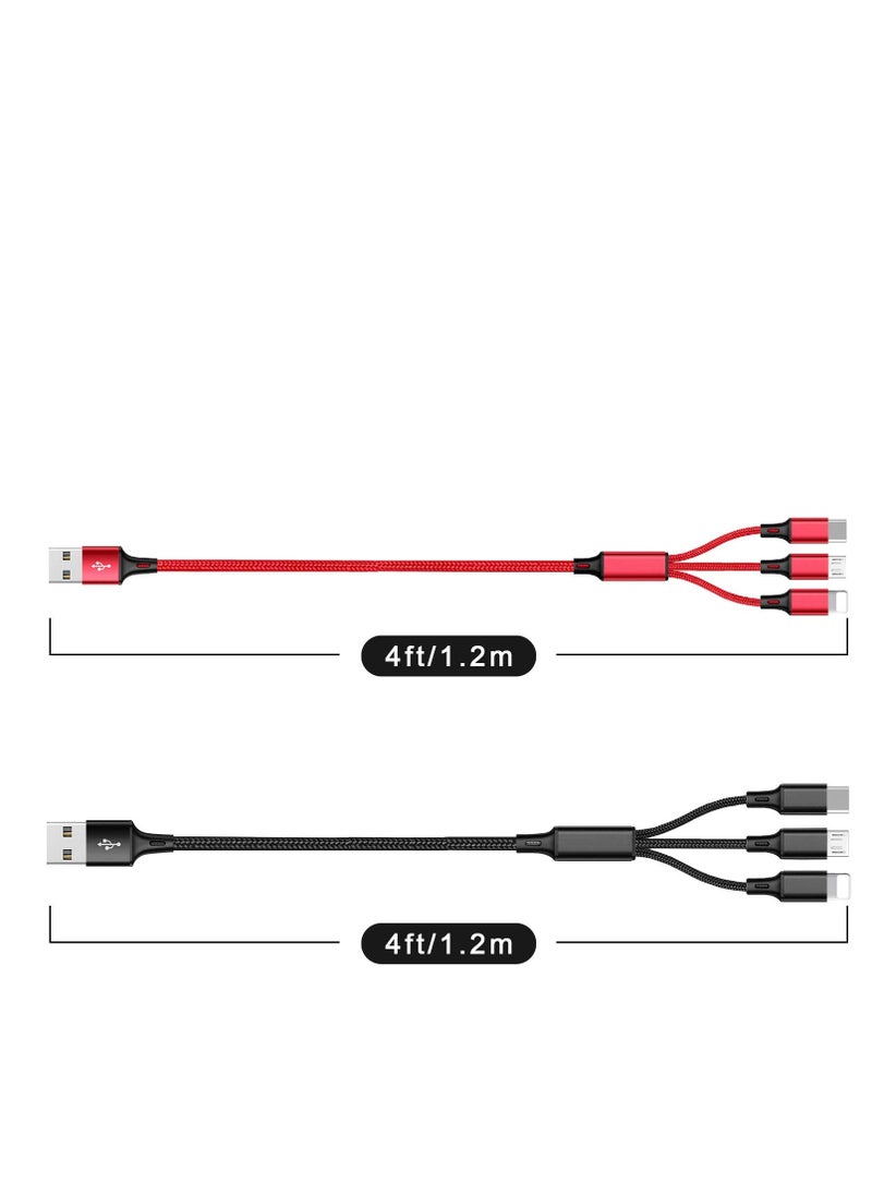 2 pieces)  Charger Cable Nylon Braided 3 in 1 Charging Cable Multi USB Cable Fast Charging Cord with Type-C, Micro USB and IP Port, Compatible with Most iPhones & iPads &Android(red&black)