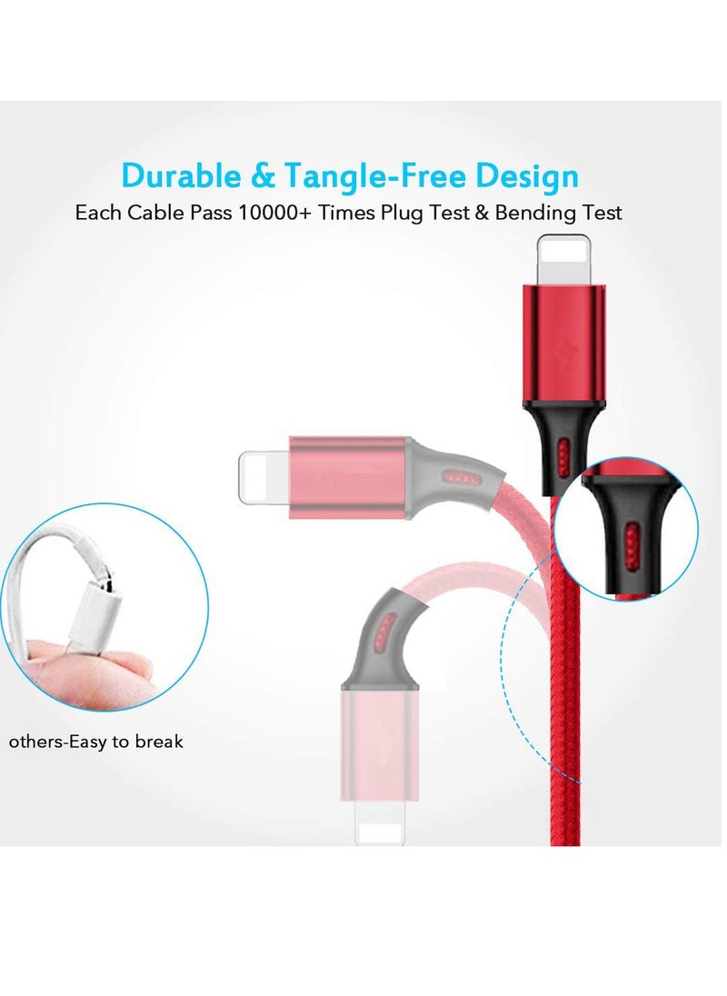 2 pieces)  Charger Cable Nylon Braided 3 in 1 Charging Cable Multi USB Cable Fast Charging Cord with Type-C, Micro USB and IP Port, Compatible with Most iPhones & iPads &Android(red&black)