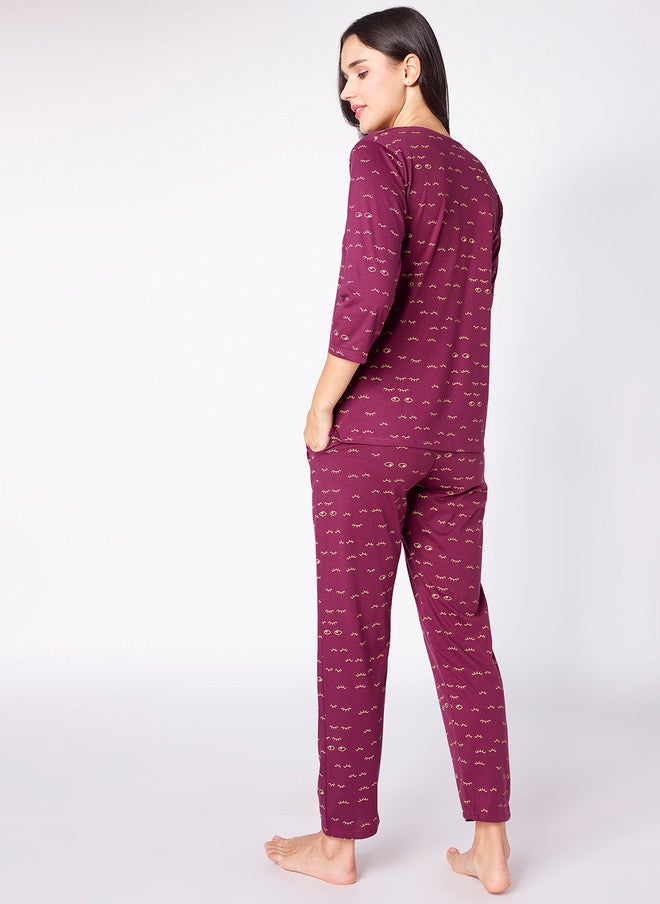 beebelle Women Burgundy & White Graphic Printed Night Suit - Image 5