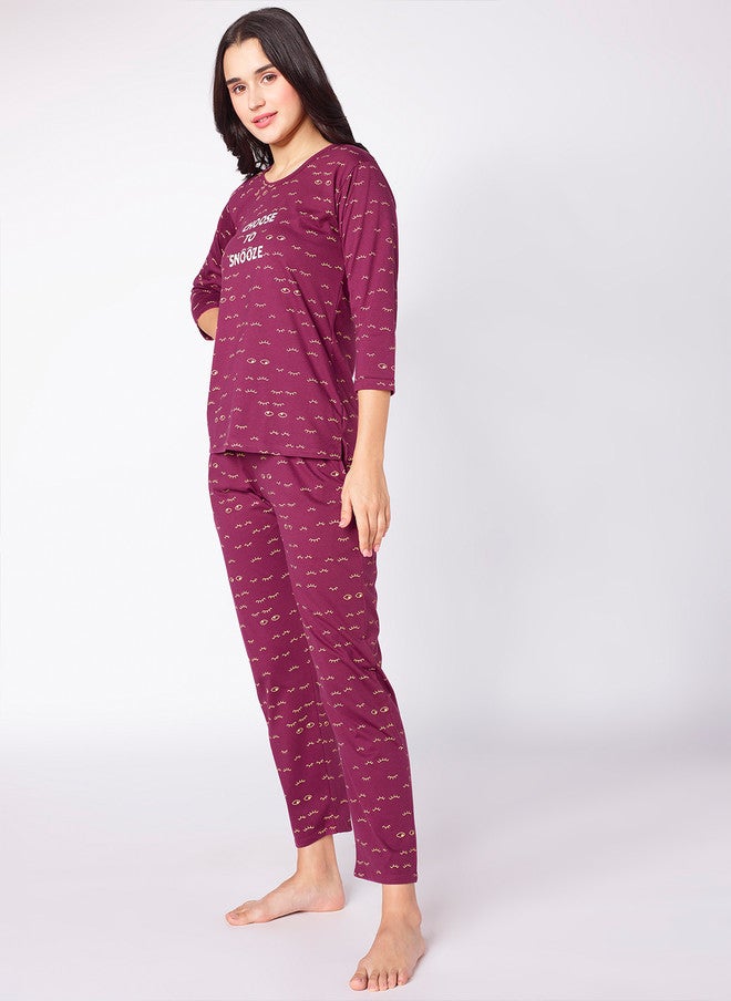 beebelle Women Burgundy & White Graphic Printed Night Suit - Image 4