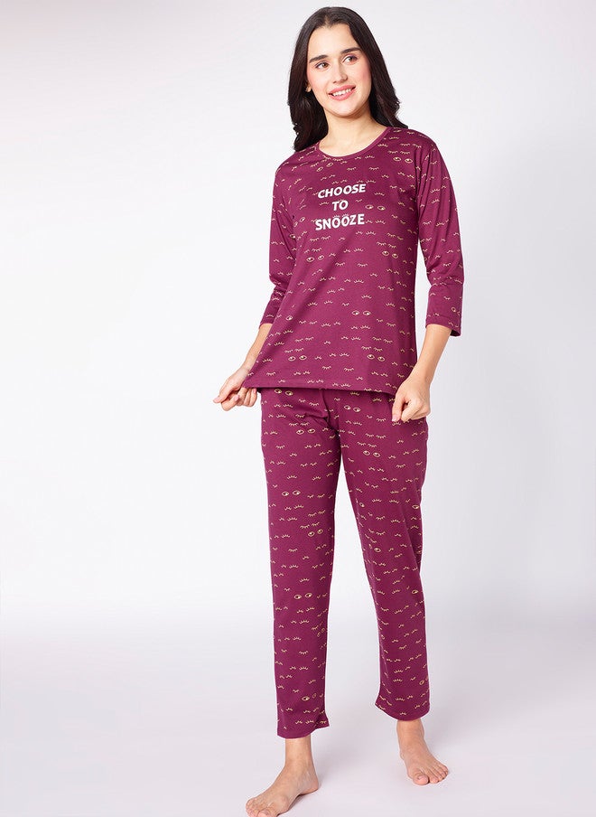 beebelle Women Burgundy & White Graphic Printed Night Suit - Image 2