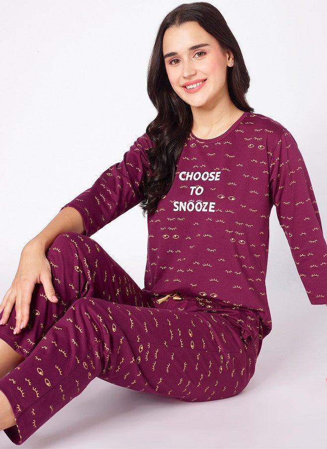 beebelle Women Burgundy & White Graphic Printed Night Suit - Image 1