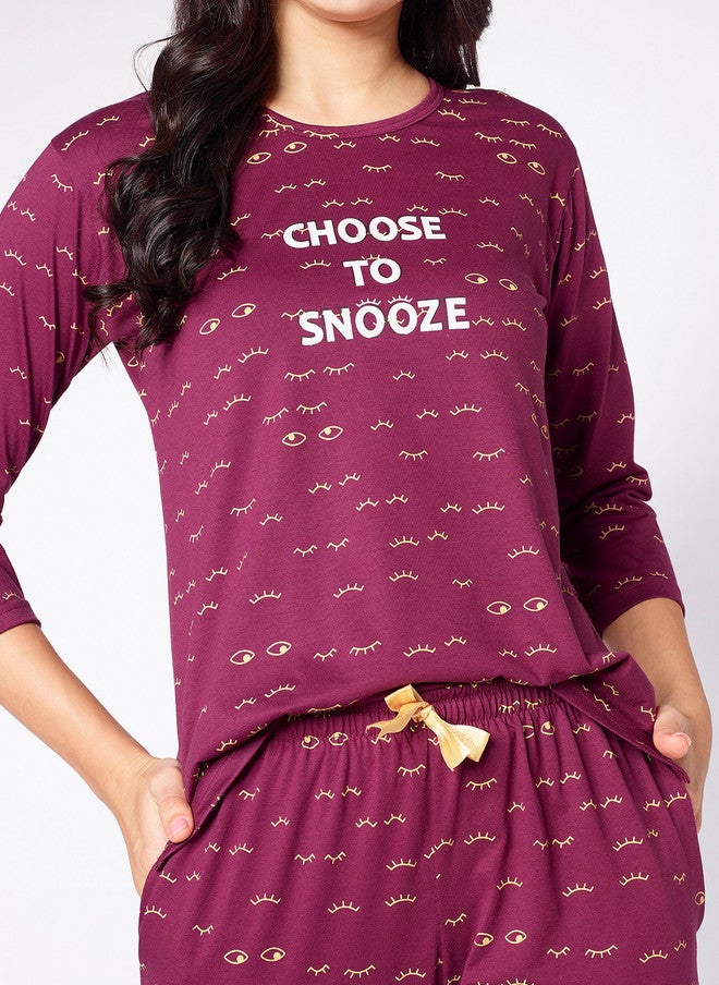 beebelle Women Burgundy & White Graphic Printed Night Suit - Image 3