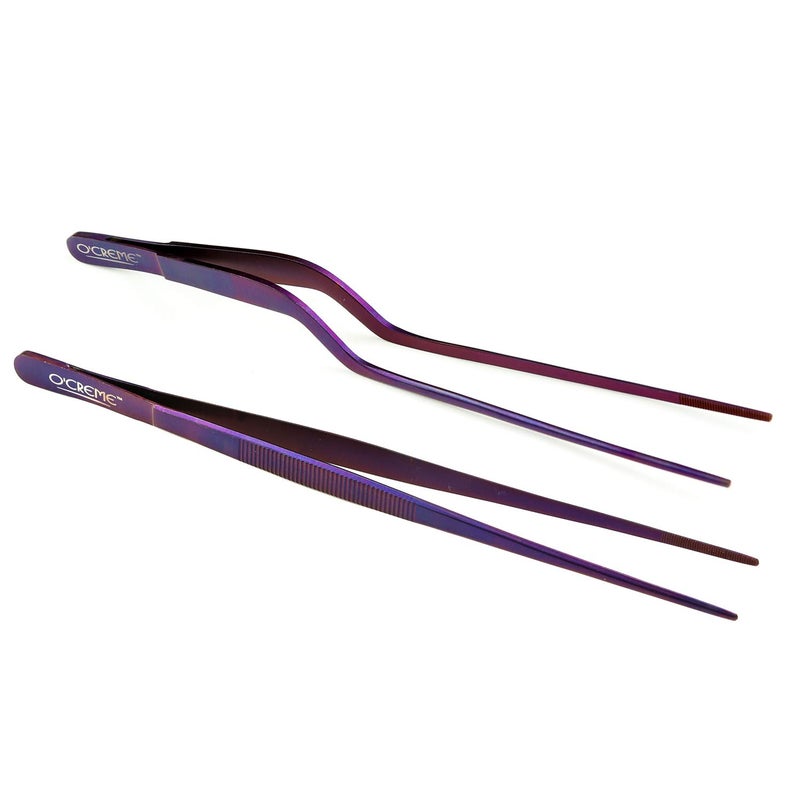 OCreme Culinary Stainless Steel Tweezer Tongs Set of 2 One 10 Inch Straight and One 8 Inch Offset Purple Color