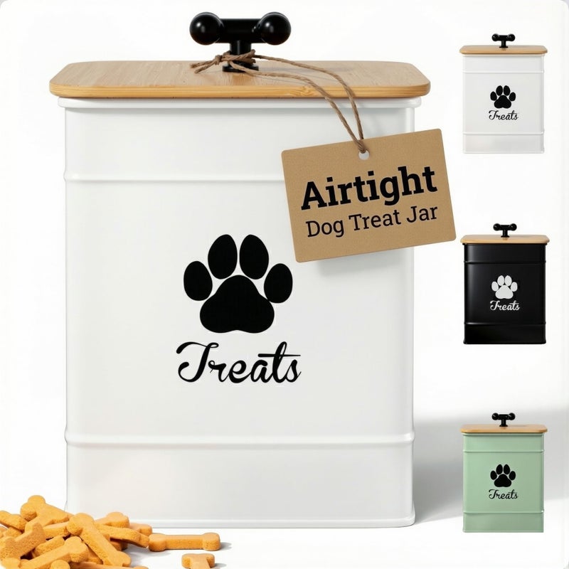 HB Design Co. Dog Treat Container Airtight - 6 Inch Wide x 8 Inch Tall Iron Dog Treat Jar for Kitchen Counter with Airtight Bamboo Lid - 12 Cup Capacity Pet Treat Container - Doggie Cookie Jar - Big Treats Canister - Image 1